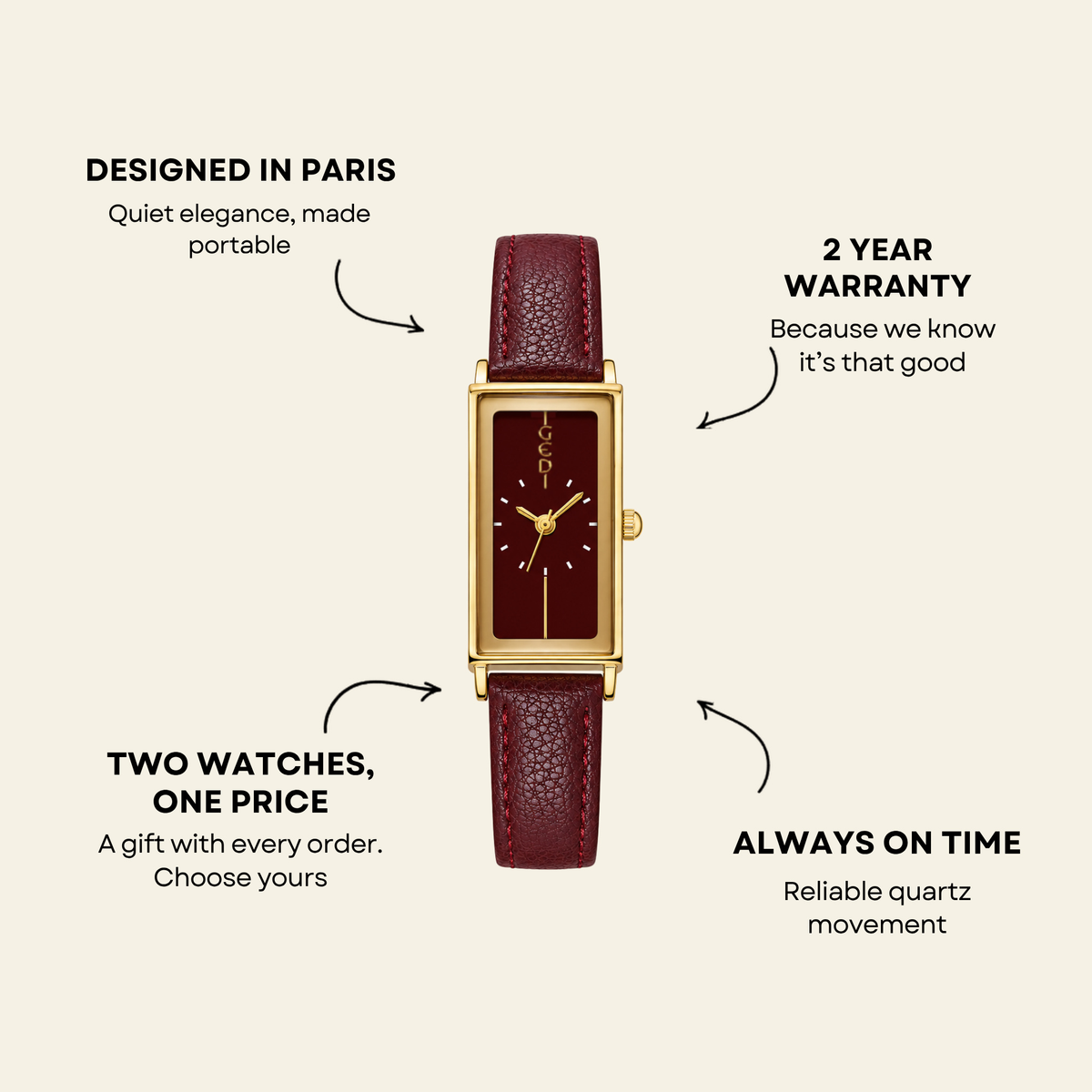 Montaigne Watch Burgundy, women's watch in Burgundy by Lumière, image 7